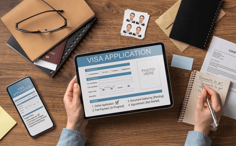 An organized digital desk showing a tablet with a visa application form, a smartphone, passport photos, a notebook with a checklist, and text that says, 'DEMOCRATIZING THE VISA APPLICATION PROCESS