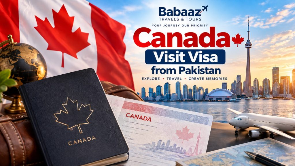 Canada Visit Visa from Pakistan with Canadian passport, visa documents and Toronto skyline