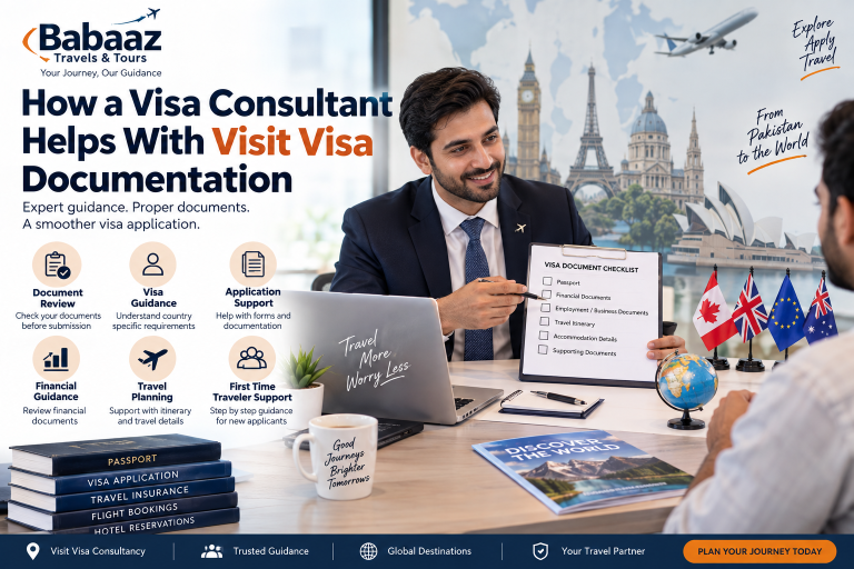 Visa consultant helping a client with visit visa documentation, document review, application guidance, and travel planning by Babaaz Travels & Tours.